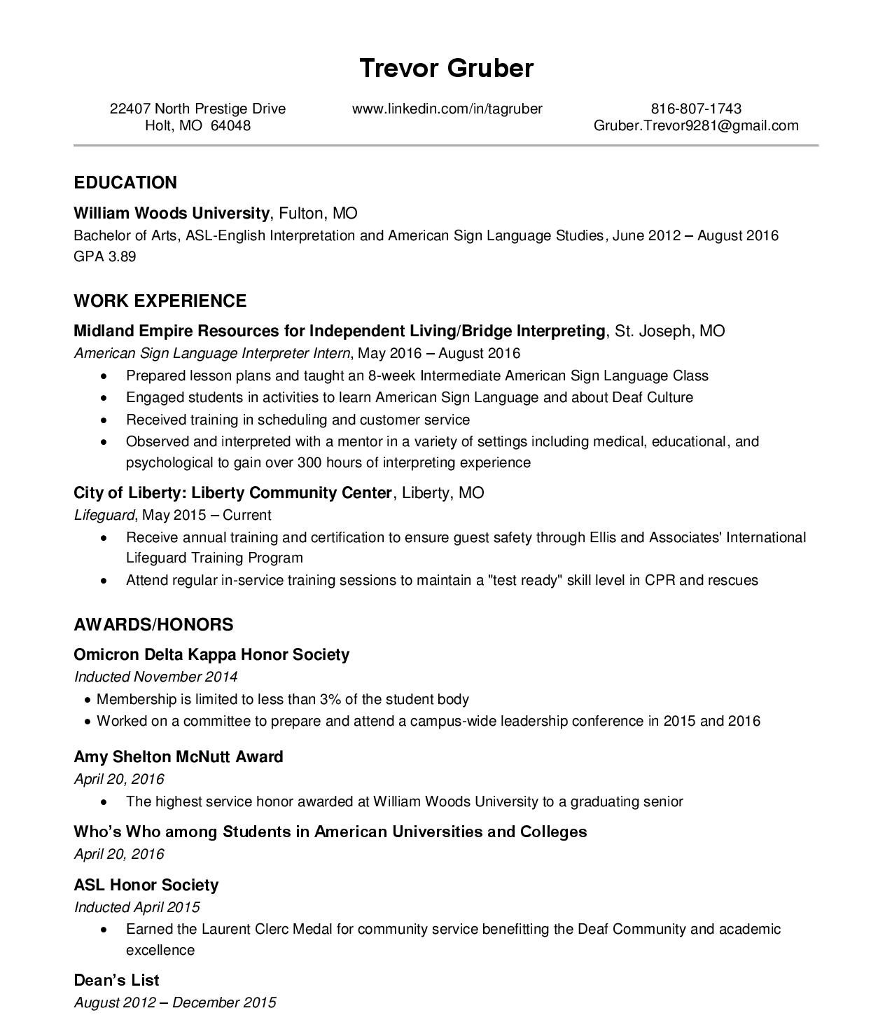 Trevor Gruber's Resume - Page One